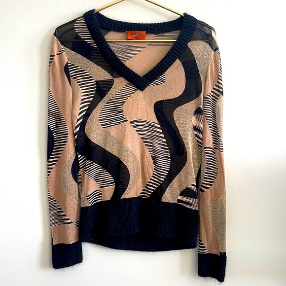 Missoni Sweaters - MISSONI Gold Sheer Swirl Mod Mohair Wool VNeck Pullover Small